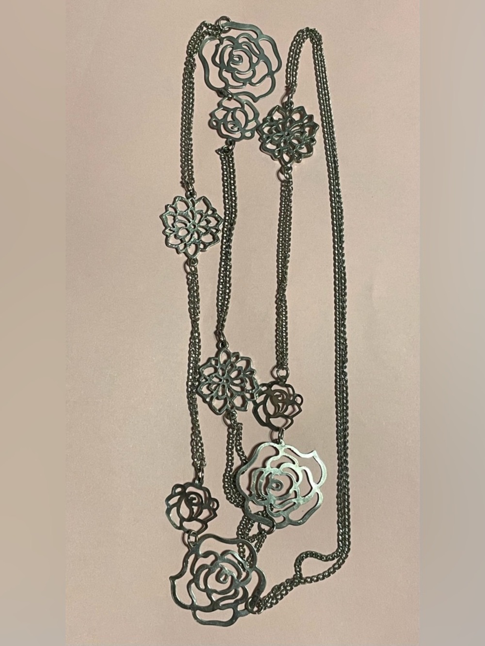 Costume Long Cut Out Rose Flower Necklace #9247